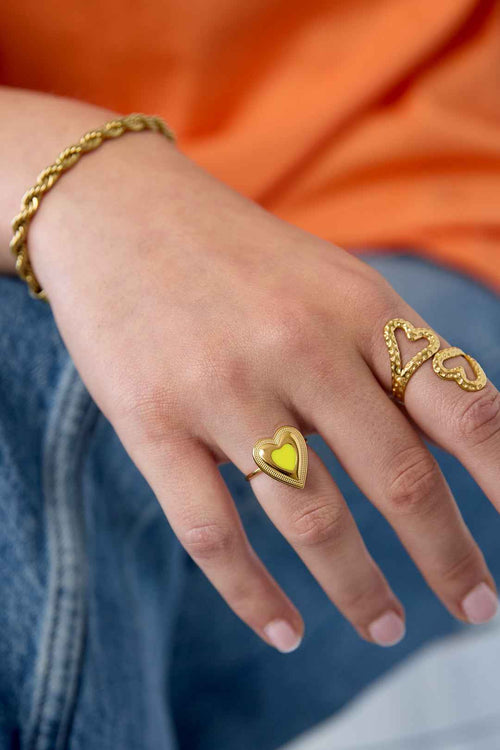 Bague Cœur Coloré Ajustable Dorée - Acier Inoxydable Romantique, Festif & Joyeux Femme