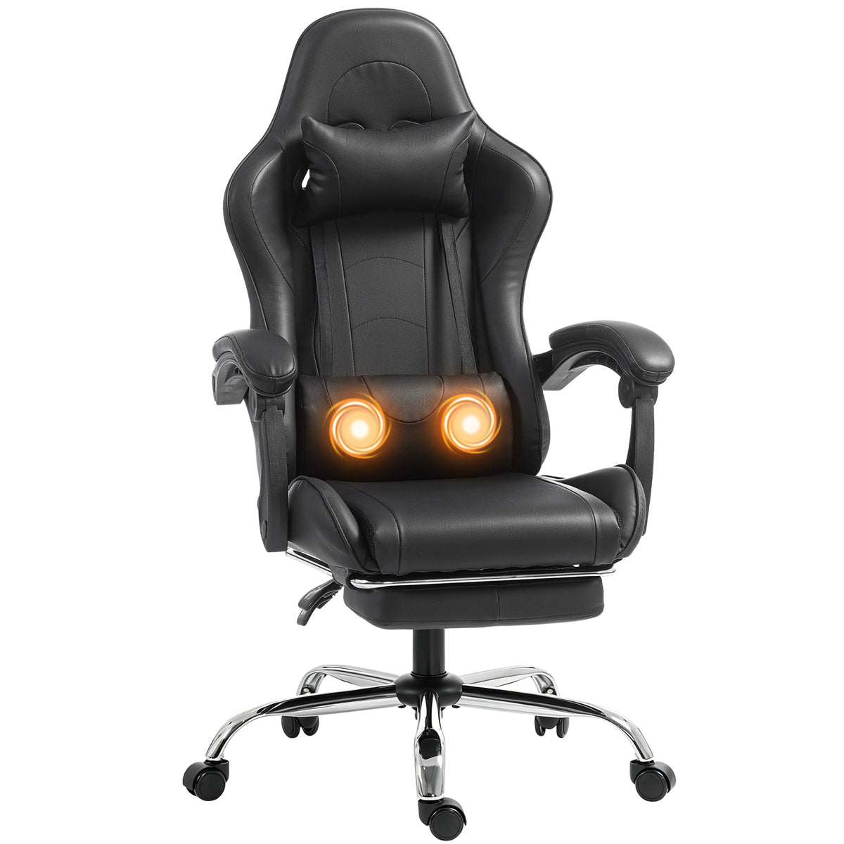 Chaise Gaming Ergonomique avec Coussin Lombaire Massant, Fauteuil Gaming Inclinable en Cuir Synthétique, Noir