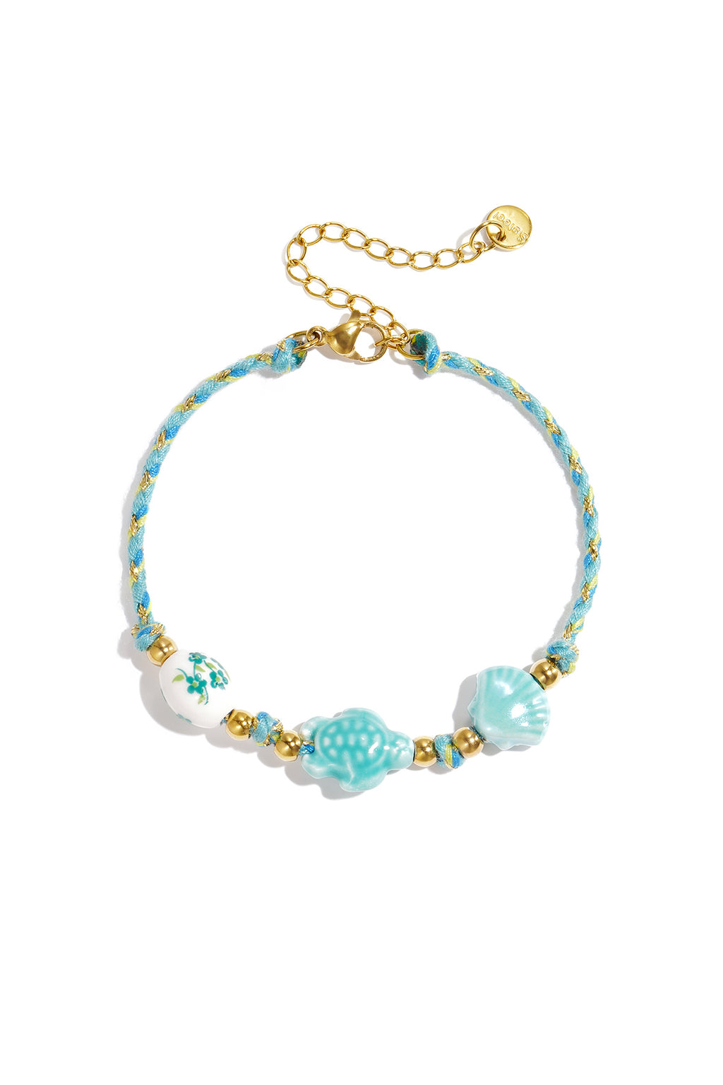 Bracelet orné de perles en forme de tortue et de coquillage et d'un motif de corde