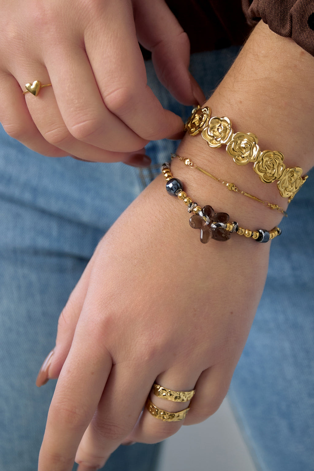 Bracelets manchettes en acier inoxydable, série florale décontractée