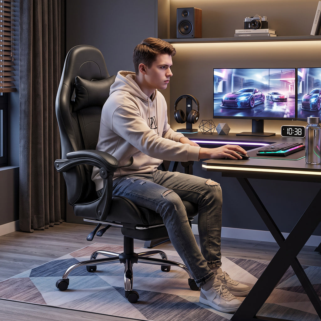Chaise Gaming Ergonomique avec Coussin Lombaire Massant, Fauteuil Gaming Inclinable en Cuir Synthétique, Noir