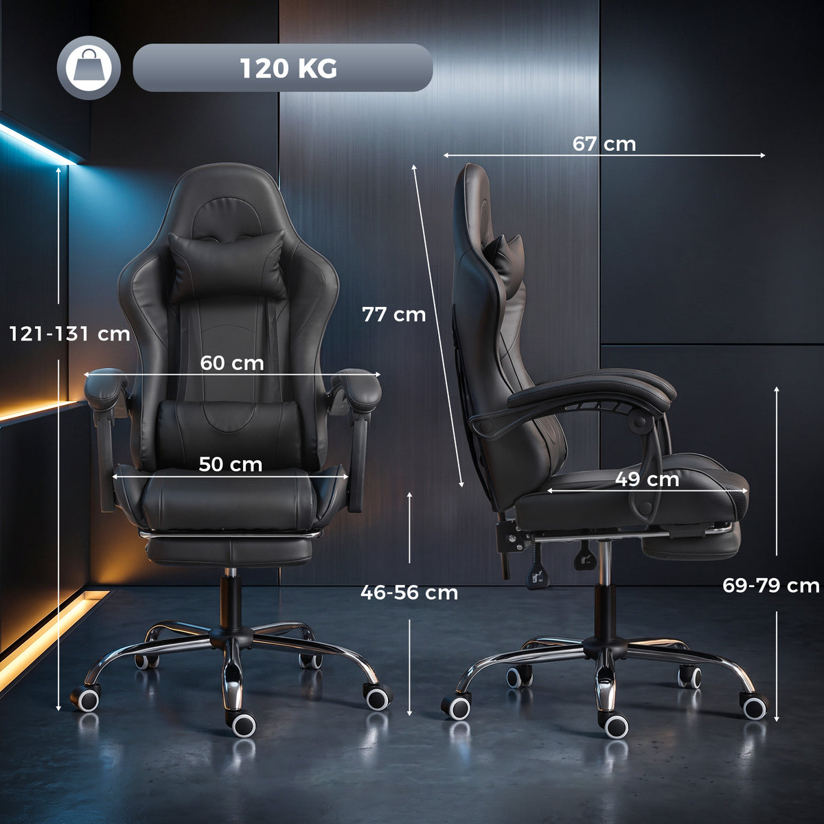 Chaise Gaming Ergonomique avec Coussin Lombaire Massant, Fauteuil Gaming Inclinable en Cuir Synthétique, Noir