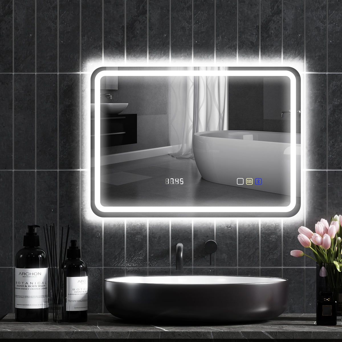 Miroir salle de bain Bluetooth avec éclairage LED 50 x 70 cm, miroir lumineux mural avec horloge, antibuée, argenté