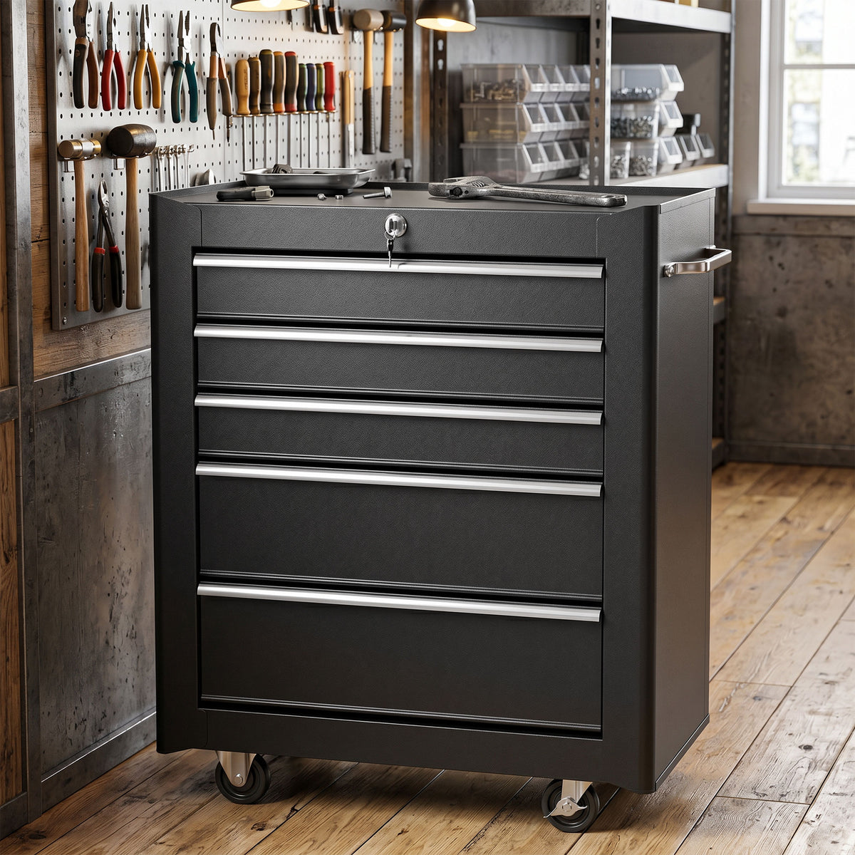 Chariot à outils sur roulettes, Servante d'atelier en acier 5 tiroirs verrouillable 2 clés, 61,5 x 33 x 82,5 cm, noir