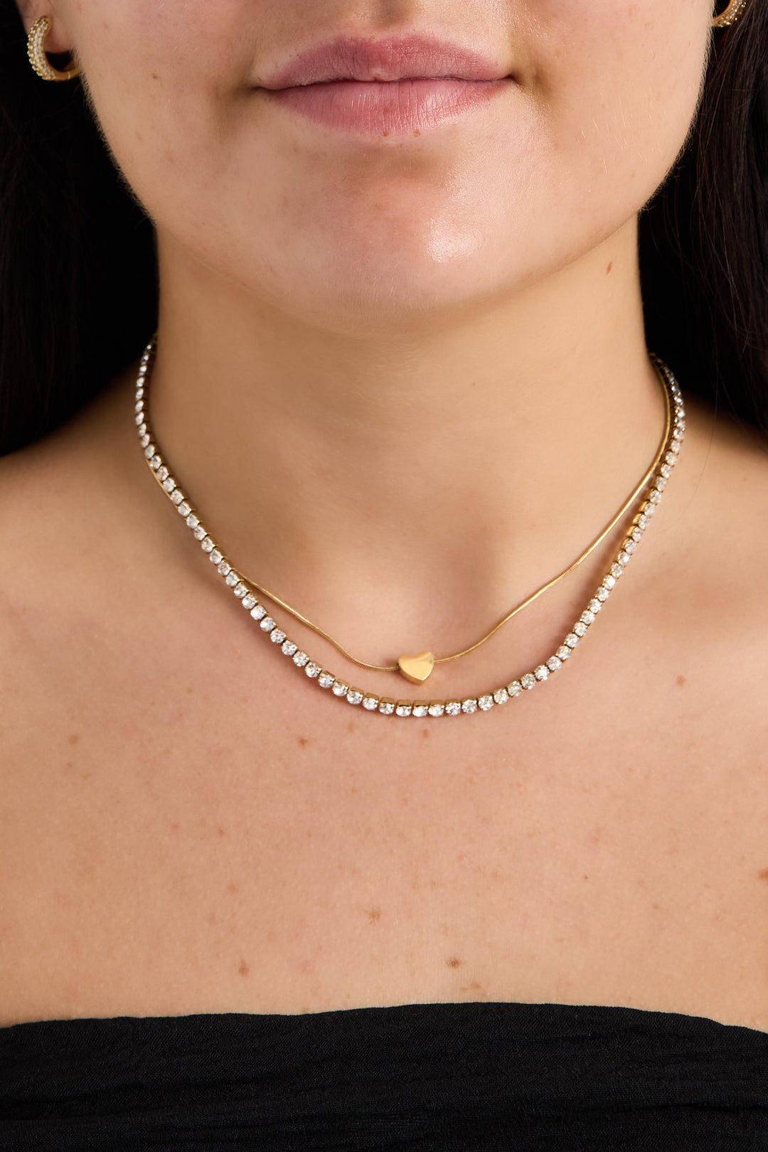 Double chaîne ornée d'un cœur minimaliste et d'un zircon acier inoxydable