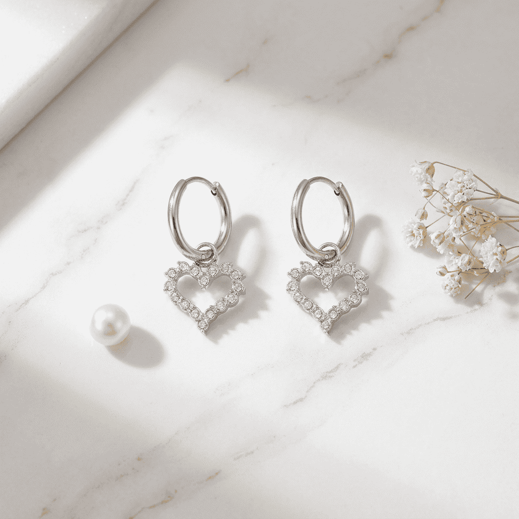 Boucle Cœur Strass — Flat Lay Marbre