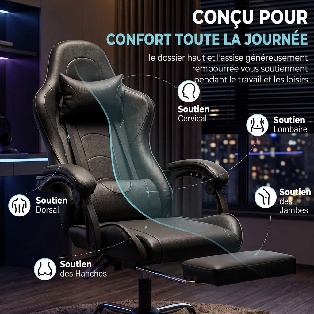 Chaise Gaming Ergonomique avec Coussin Lombaire Massant, Fauteuil Gaming Inclinable en Cuir Synthétique, Noir