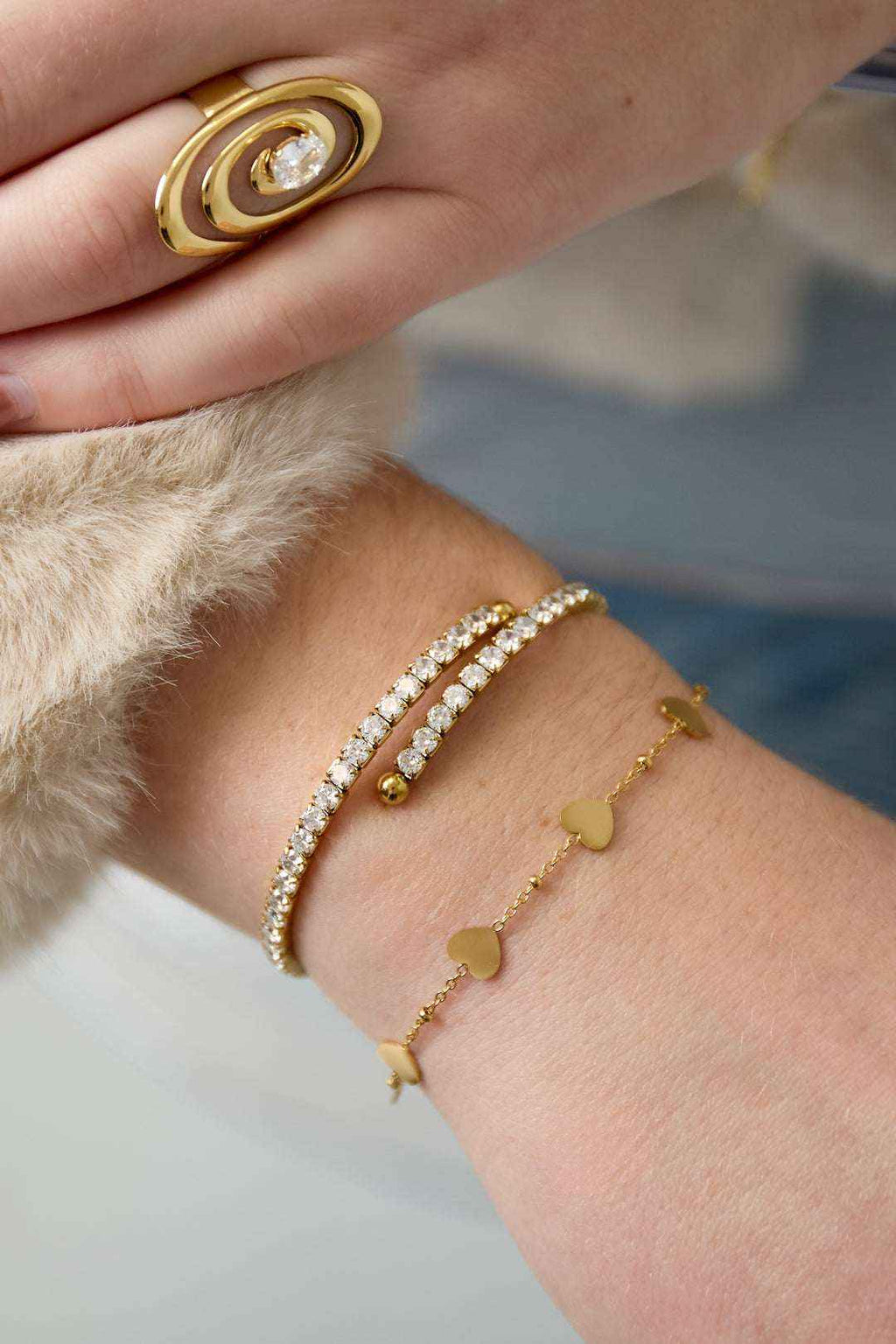 Bracelet Manchette Strass - Acier Inoxydable Argent & Doré Femme