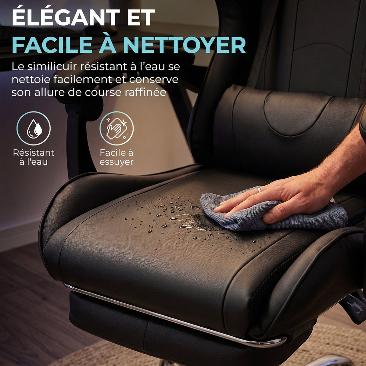 Chaise Gaming Ergonomique avec Coussin Lombaire Massant, Fauteuil Gaming Inclinable en Cuir Synthétique, Noir
