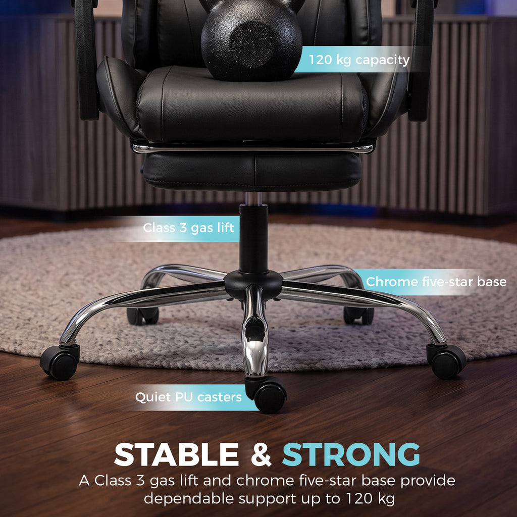 Chaise Gaming Ergonomique avec Coussin Lombaire Massant, Fauteuil Gaming Inclinable en Cuir Synthétique, Noir